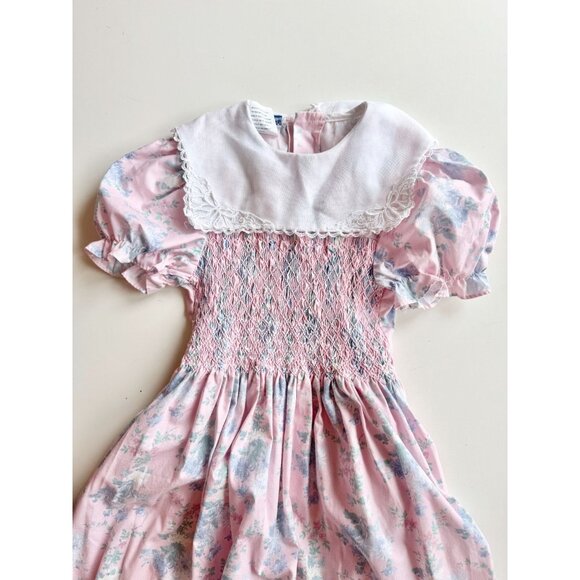 Vintage POLLY FLINDERS Pink Floral Polycotton Smocked Fit & Flare Dress, Size 7 - Picture 2 of 9